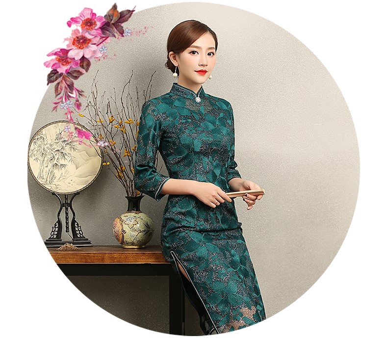 綠色葉嵐旗袍，復(fù)古蕾絲繡花旗袍裙