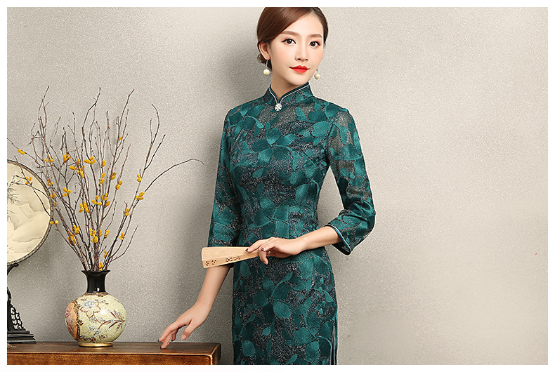綠色葉嵐旗袍，復(fù)古蕾絲繡花旗袍裙