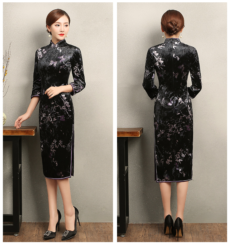 竹蝶黑色旗袍，復(fù)古絲絨印花旗袍裙