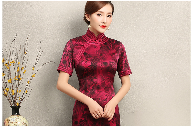 紅色短袖旗袍，復(fù)古包邊印花旗袍裙