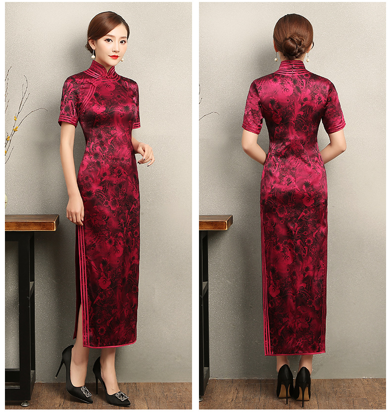 紅色短袖旗袍，復(fù)古包邊印花旗袍裙