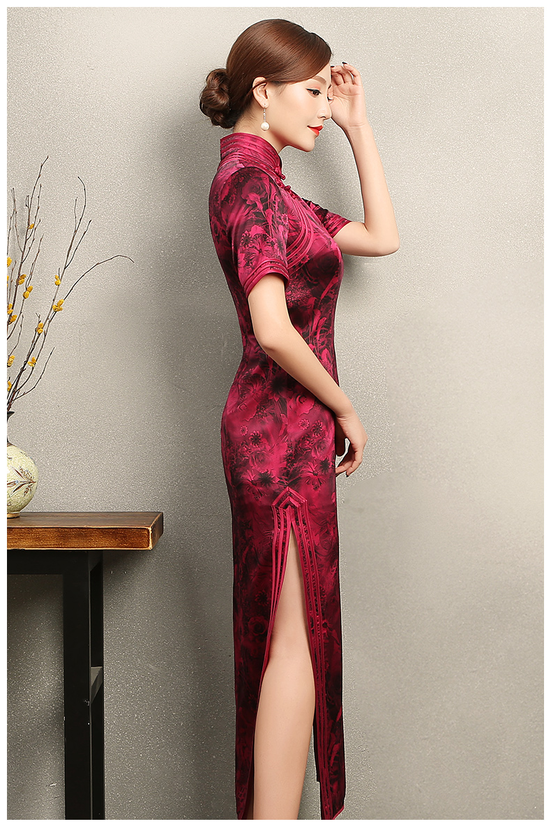 紅色短袖旗袍，復(fù)古包邊印花旗袍裙