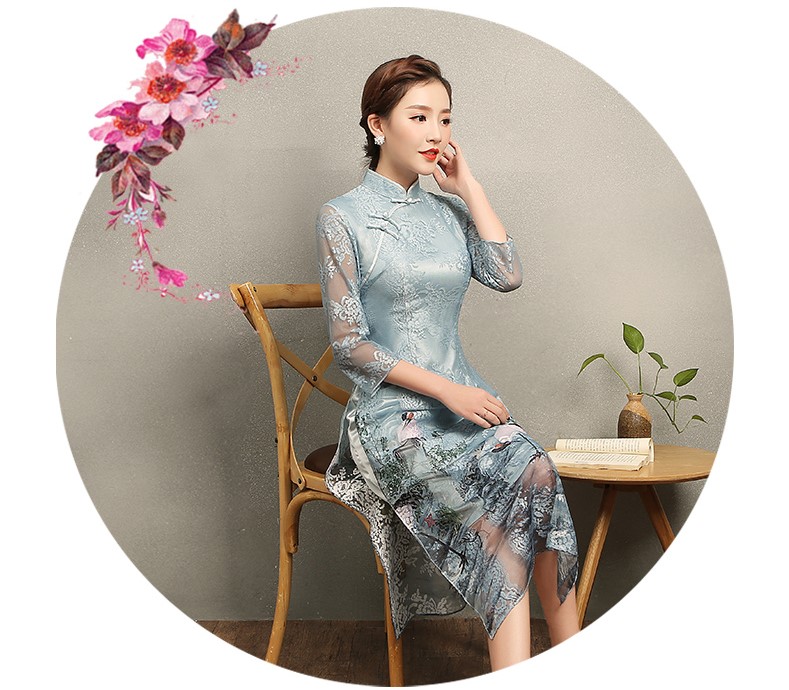 淡雅青鶴旗袍，改良奧黛風(fēng)長款旗袍裙