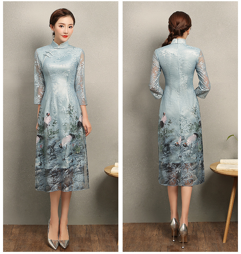 淡雅青鶴旗袍，改良奧黛風(fēng)長款旗袍裙