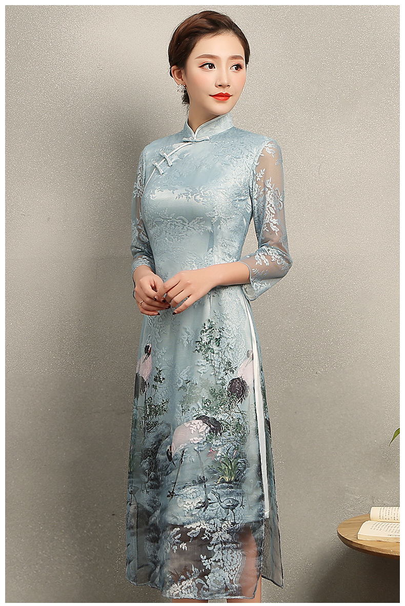 淡雅青鶴旗袍，改良奧黛風(fēng)長款旗袍裙