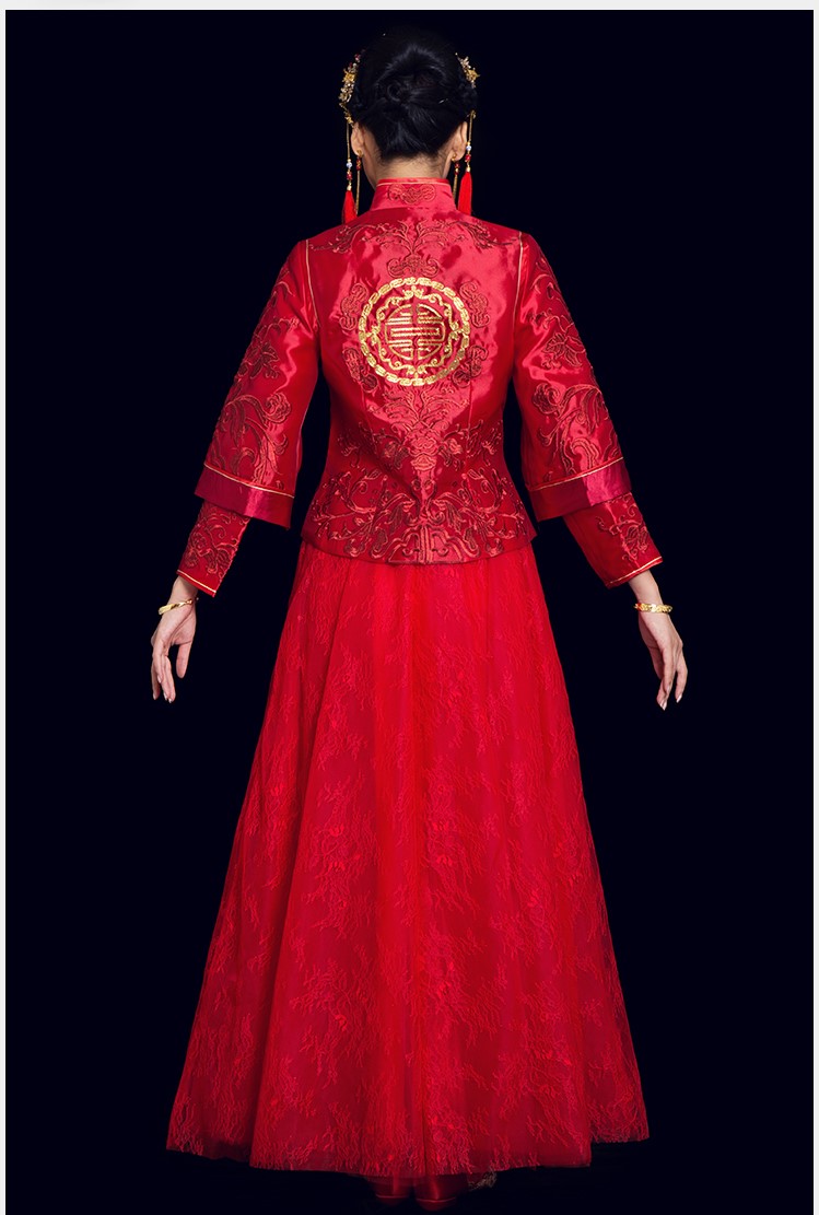 復(fù)古時尚中式禮服：盤金刺繡紅梔新娘禮服