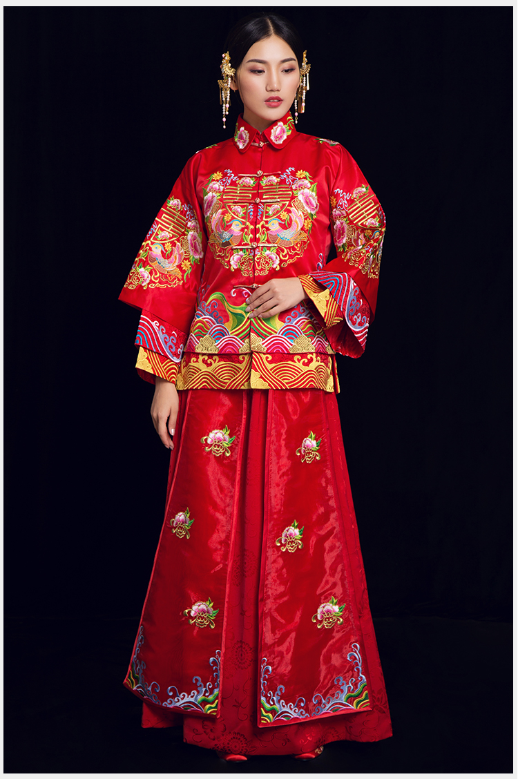喜締鴛鴦中式禮服，喜字鴛鴦刺繡新娘禮服