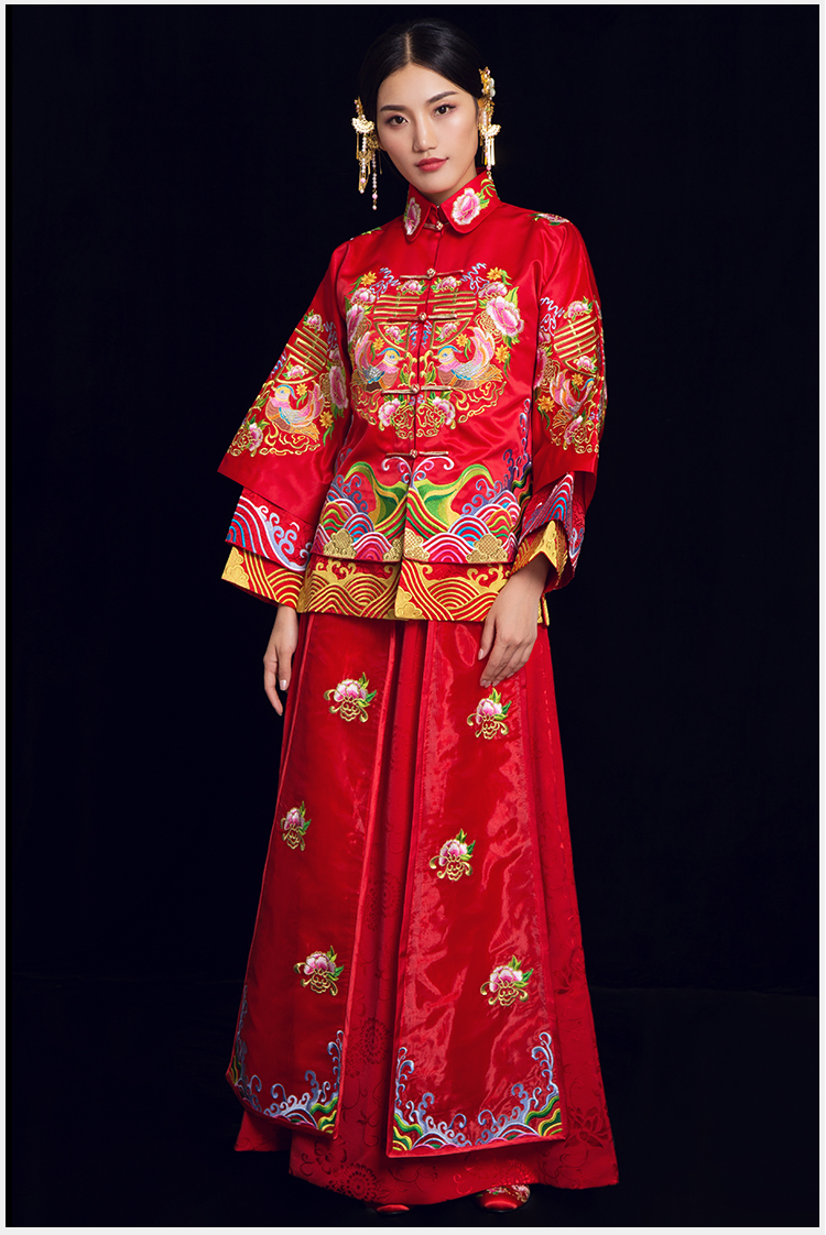 喜締鴛鴦中式禮服，喜字鴛鴦刺繡新娘禮服