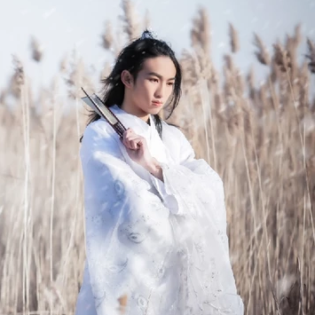雪飄帶折扇白衣男生頭像，唯美古風真人頭像