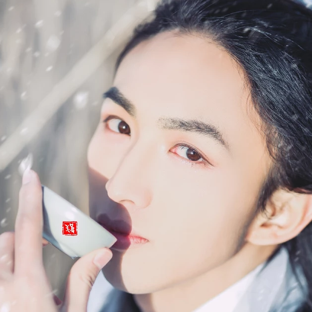 雪飄帶折扇白衣男生頭像，唯美古風真人頭像