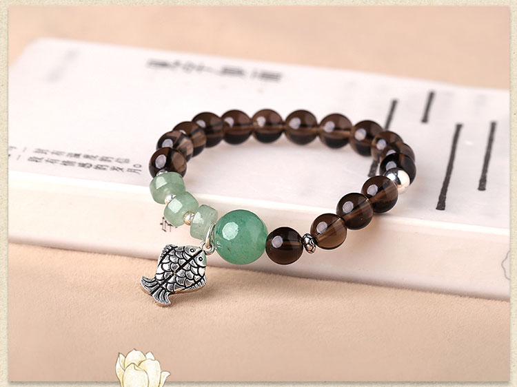 茶水晶手鏈：簡(jiǎn)約個(gè)性純銀魚(yú)吊墜手串首飾