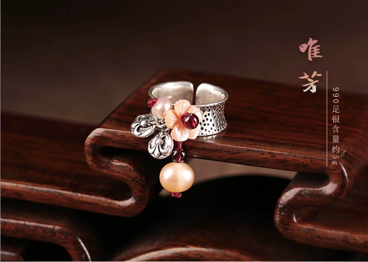 復古小清新貝殼花開口銀戒指首飾