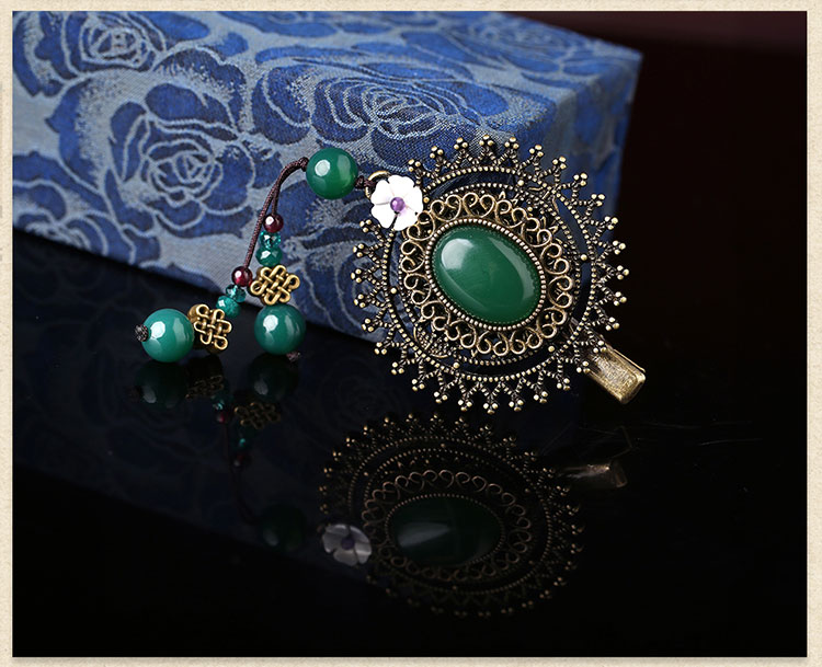 復古綠色瑪瑙發(fā)夾，古銅鏤空蕾絲邊發(fā)夾頭飾