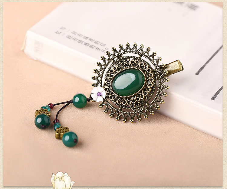 復古綠色瑪瑙發(fā)夾，古銅鏤空蕾絲邊發(fā)夾頭飾