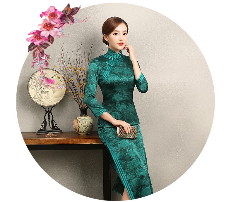 雍容華貴祥云圖案旗袍，復(fù)古風(fēng)墨綠色旗袍裙