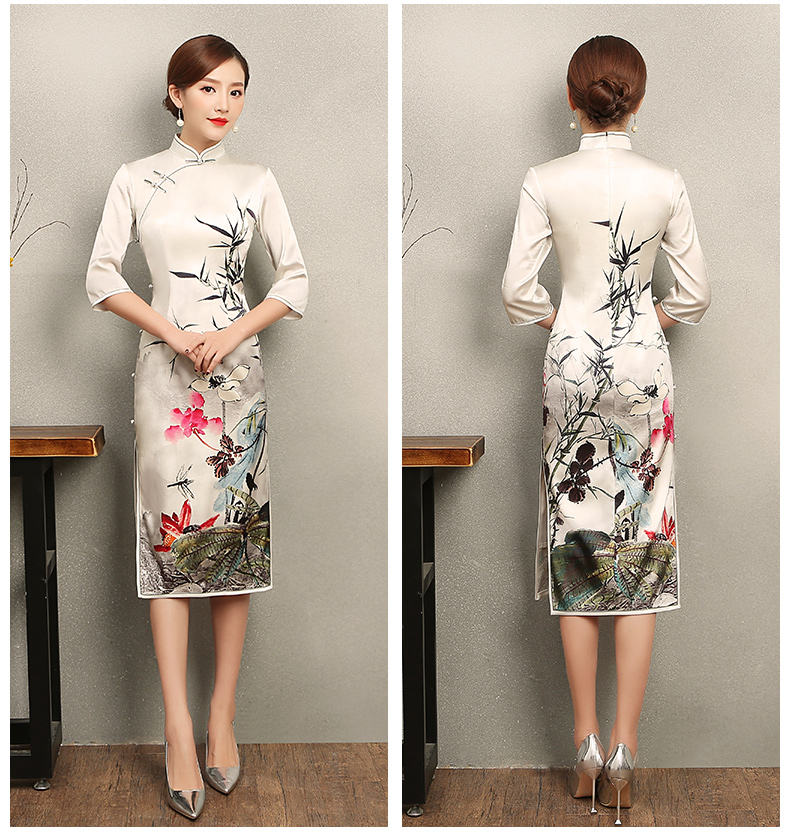 白色戀荷旗袍，素雅印花旗袍裙