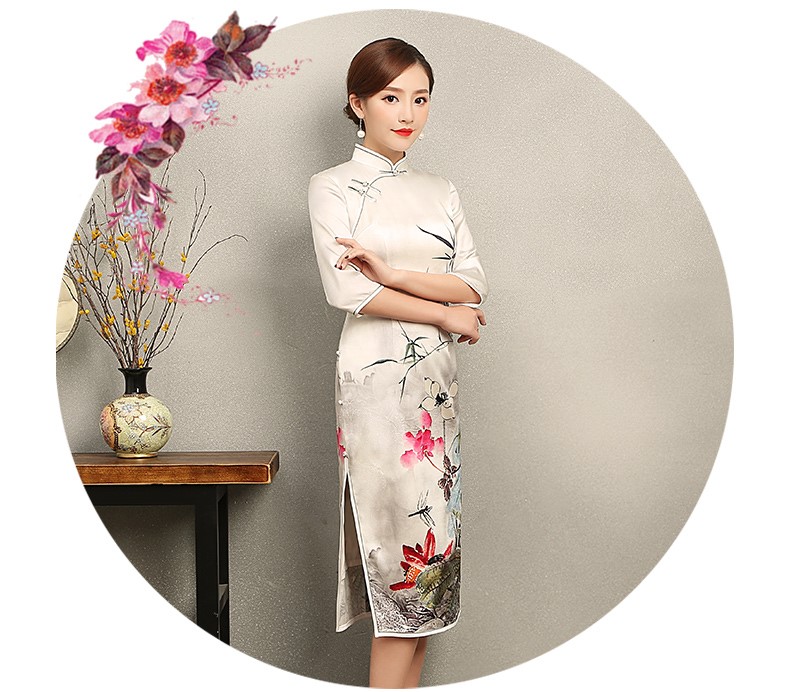白色戀荷旗袍，素雅印花旗袍裙