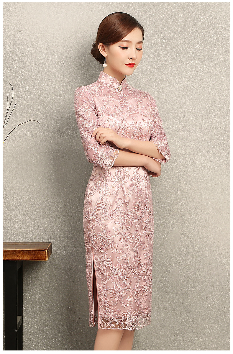 淺粉復(fù)古蕾絲旗袍，芊玉刺繡旗袍裙