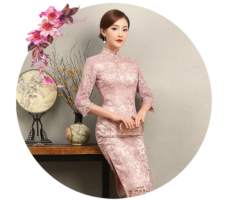 淺粉復(fù)古蕾絲旗袍，芊玉刺繡旗袍裙