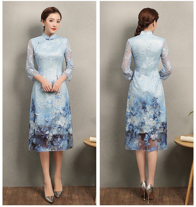 清雅藍蝶蕾絲旗袍，中袖唯美旗袍裙