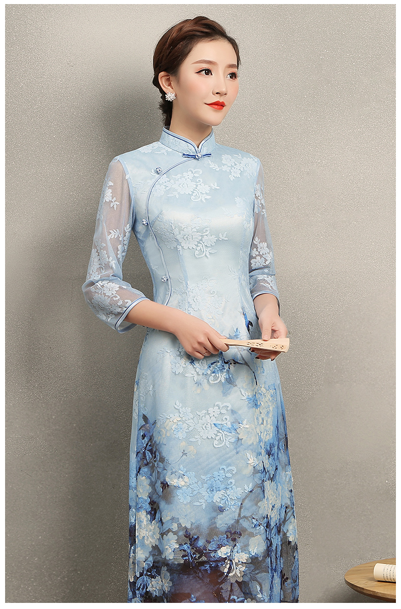清雅藍蝶蕾絲旗袍，中袖唯美旗袍裙