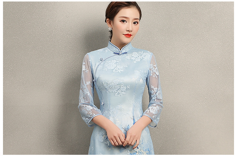 清雅藍蝶蕾絲旗袍，中袖唯美旗袍裙