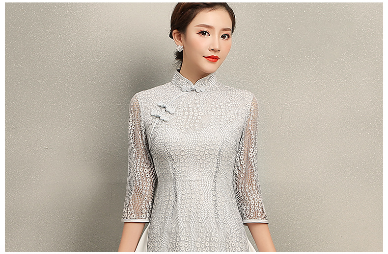 淺灰奧黛風(fēng)旗袍，蕾絲中式旗袍裙