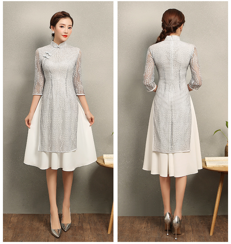 淺灰奧黛風(fēng)旗袍，蕾絲中式旗袍裙