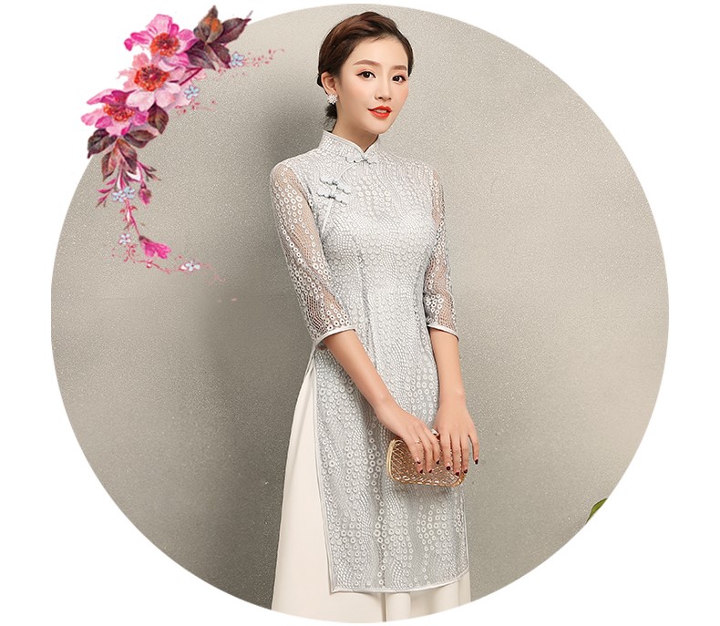 淺灰奧黛風(fēng)旗袍，蕾絲中式旗袍裙