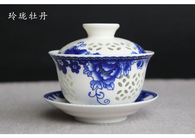 卡玻璃的瓷器茶具：14款手工青花鏤空茶具蓋碗