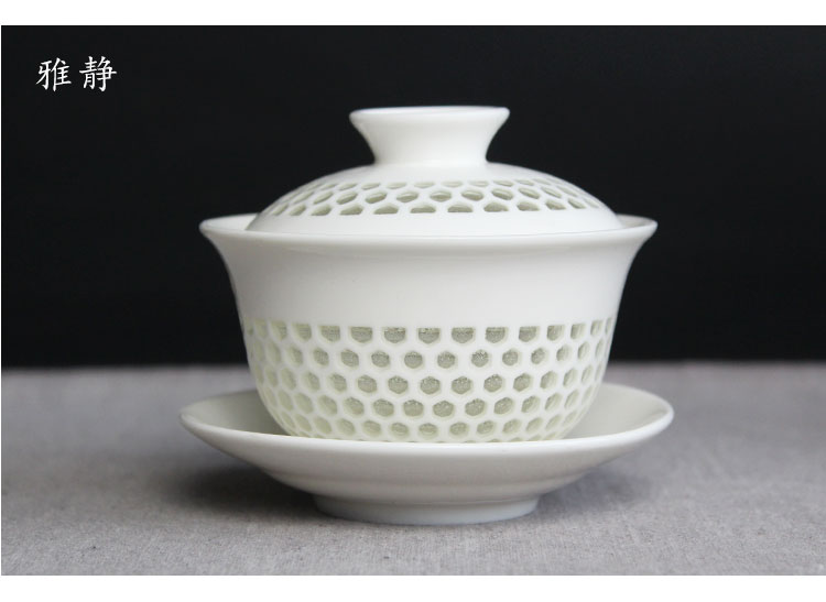 卡玻璃的瓷器茶具：14款手工青花鏤空茶具蓋碗