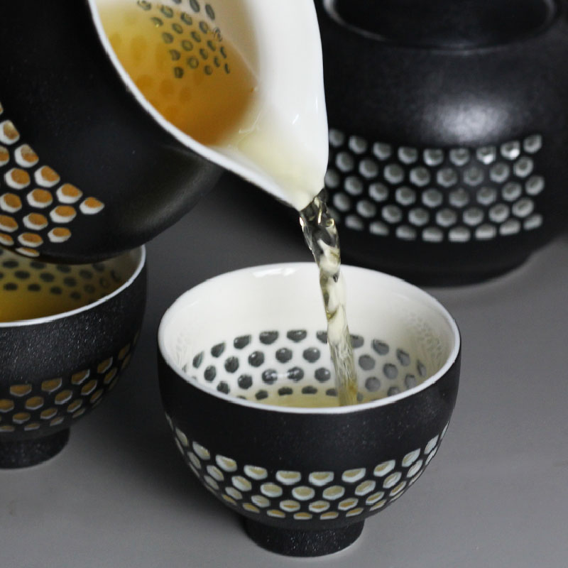 黑白蜂巢茶海，簡約粗陶功夫茶具