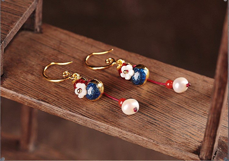 古典古風葫蘆耳環(huán)，復(fù)古貝殼花朵耳飾耳環(huán)
