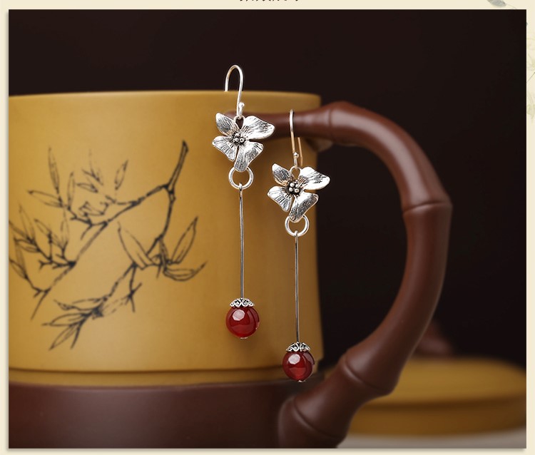 純銀花吊墜耳環(huán)，復(fù)古家佳樂文學(xué)古典耳飾首飾