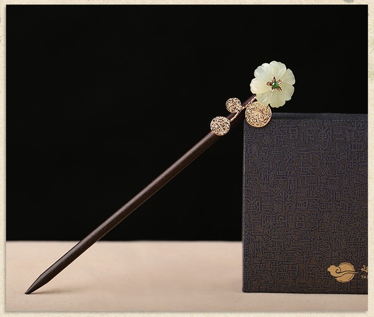 古典盤(pán)發(fā)玉花珠釵，古風(fēng)岫玉發(fā)釵發(fā)簪頭飾