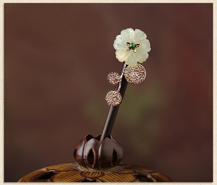 古典盤(pán)發(fā)玉花珠釵，古風(fēng)岫玉發(fā)釵發(fā)簪頭飾