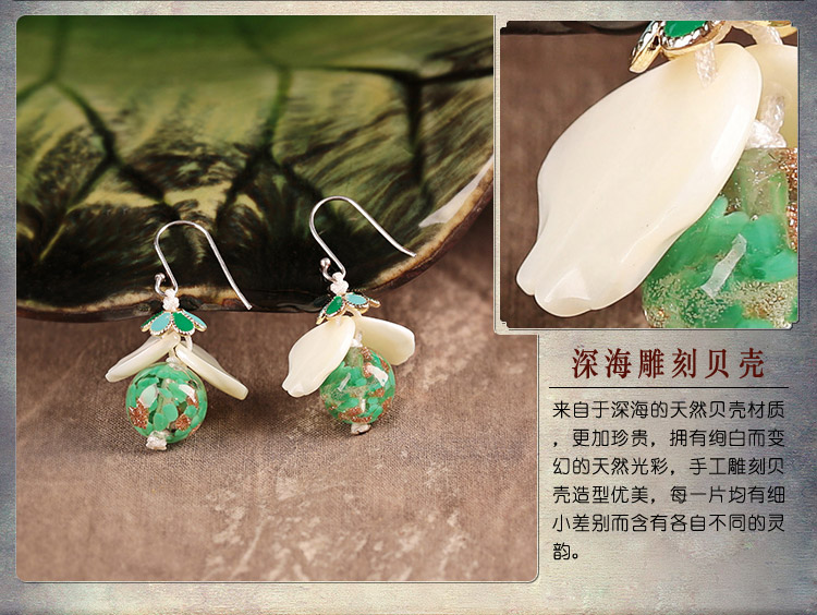 琉璃貝殼耳墜，氣質(zhì)清新銀耳環(huán)首飾