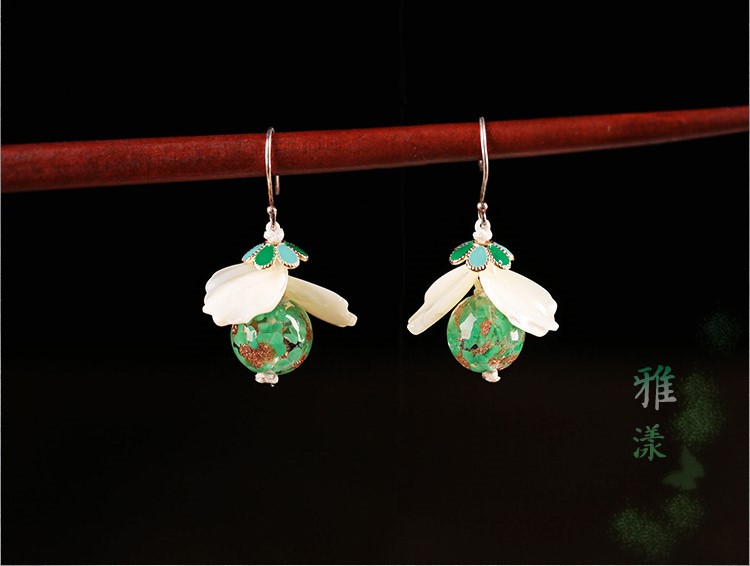 琉璃貝殼耳墜，氣質(zhì)清新銀耳環(huán)首飾