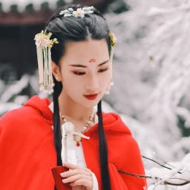 寒雪紅披風女生頭像，唯美古風真人頭像