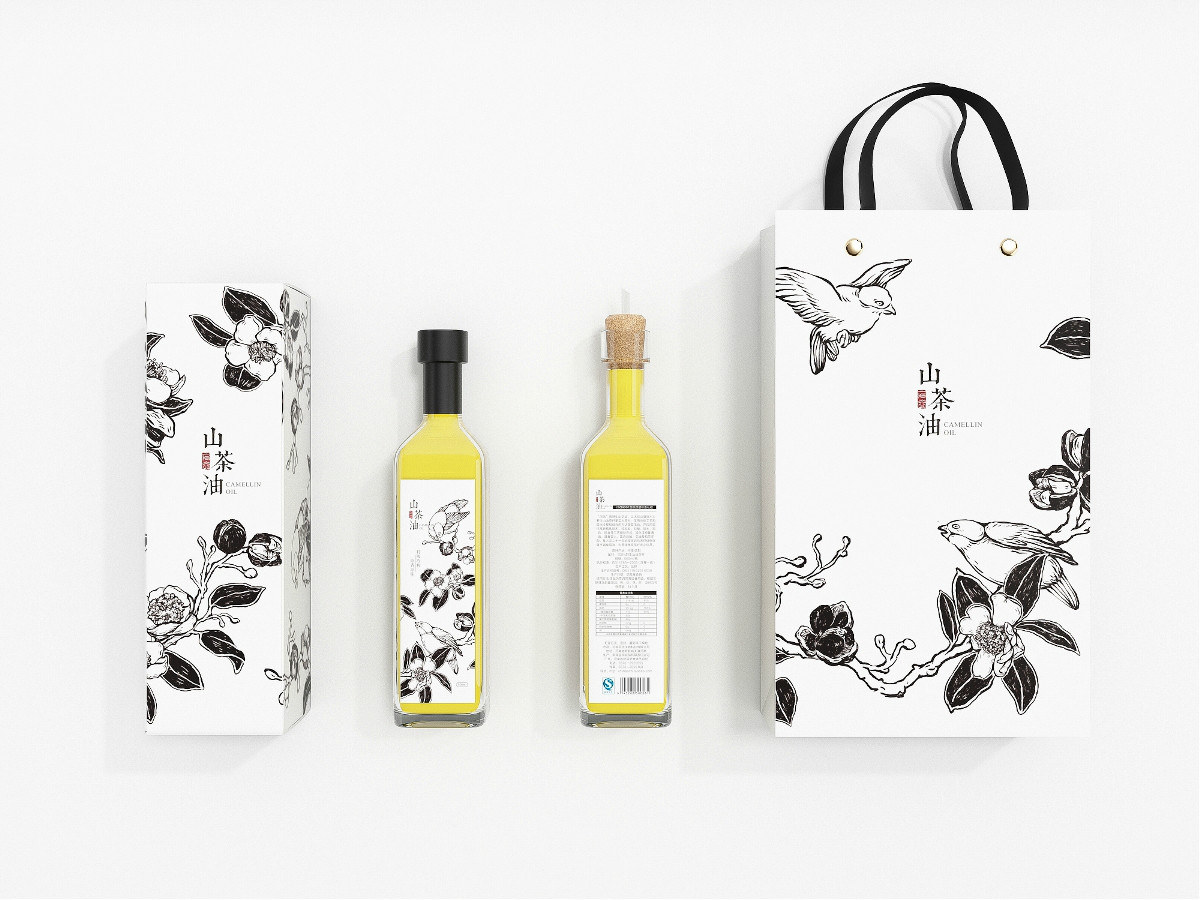 山茶油包裝設計，手繪圖案食品包裝設計