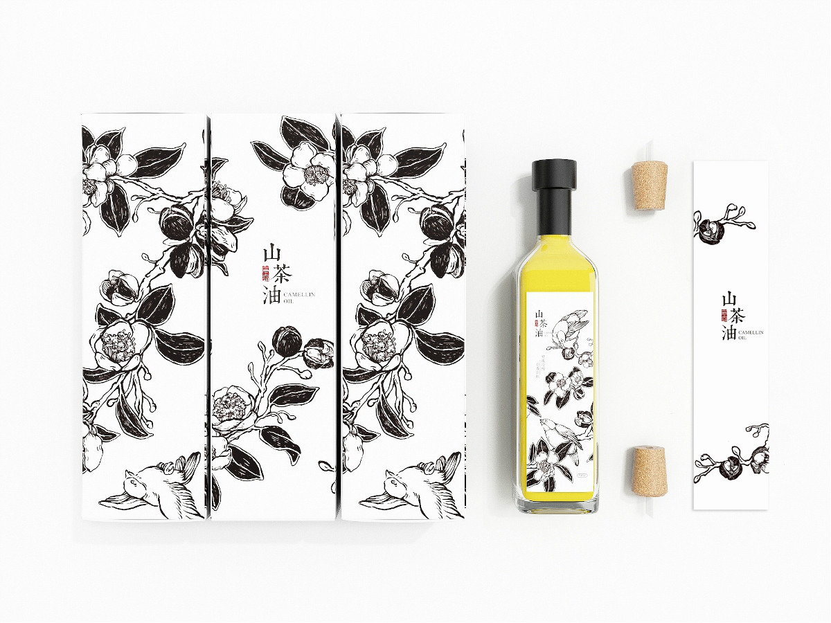 山茶油包裝設(shè)計(jì)，手繪圖案食品包裝設(shè)計(jì)