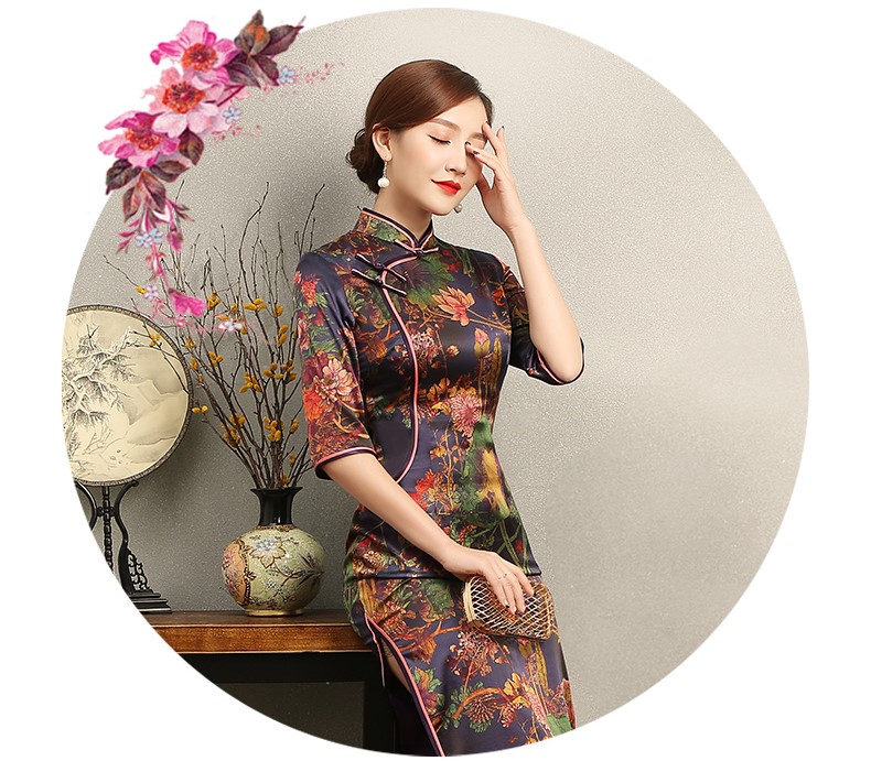 百花齊放優(yōu)雅旗袍，深紫色印花旗袍裙