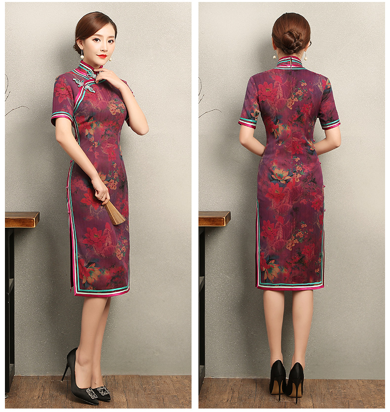 紫蘇韻味印花旗袍，民族風包邊短袖旗袍裙