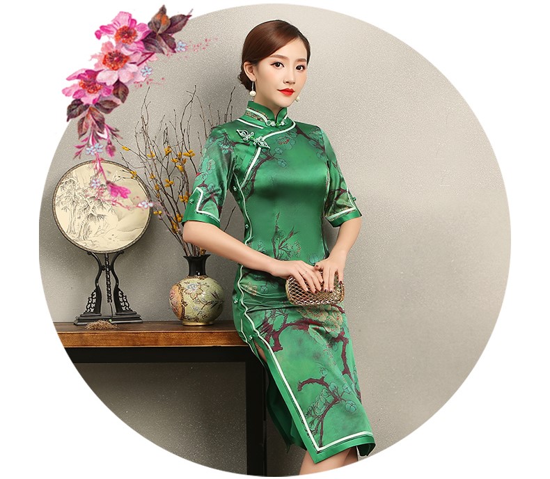 花枝印花綠色旗袍，民族風(fēng)短袖旗袍裙