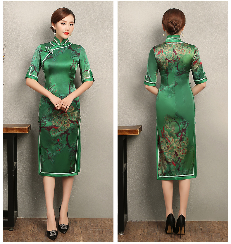 花枝印花綠色旗袍，民族風(fēng)短袖旗袍裙