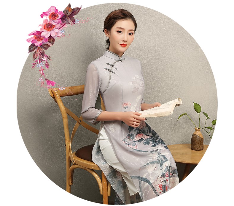 淡灰色花閣旗袍，奧黛風(fēng)中式旗袍裙