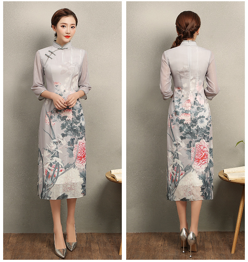 淡灰色花閣旗袍，奧黛風(fēng)中式旗袍裙
