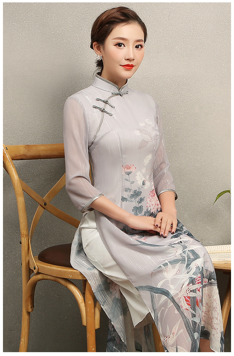 淡灰色花閣旗袍，奧黛風(fēng)中式旗袍裙