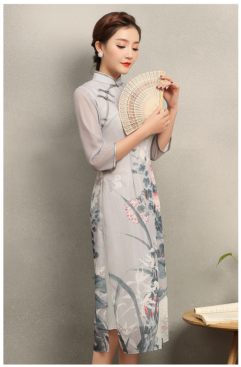 淡灰色花閣旗袍，奧黛風(fēng)中式旗袍裙