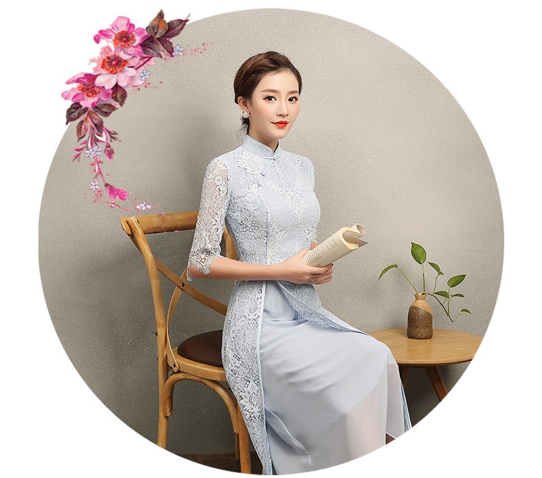 氣質(zhì)素藍(lán)色蕾絲旗袍，中袖中式旗袍裙